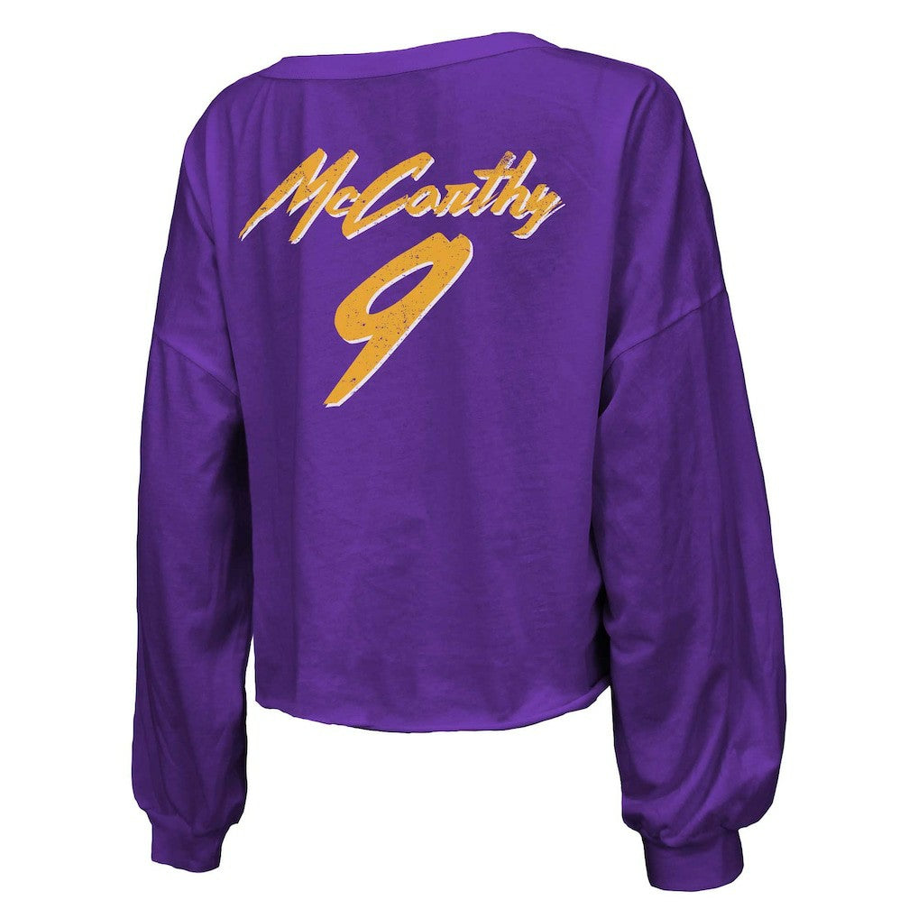J.J. McCarthy Minnesota Vikings Majestic Threads Women's Name & Number Off-Shoulder Script Cropped Long Sleeve V-Neck T-Shirt - Purple T-shirts