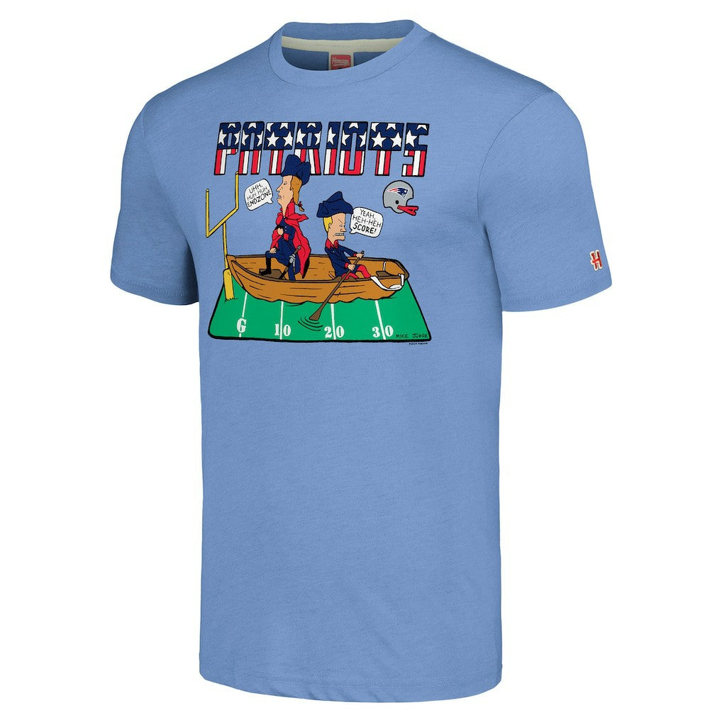 New England Patriots NFL x Homage x Beavis and Butt-Head Unisex Tri-Blend T-Shirt - Light Blue