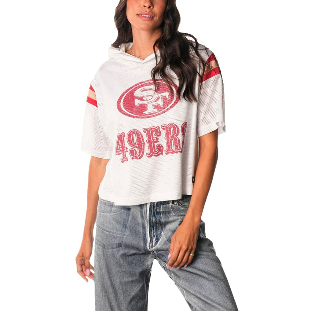 San Francisco 49ers The Wild Collective Women's Mesh Short Sleeve Hoodie T-Shirt - White Hoodies