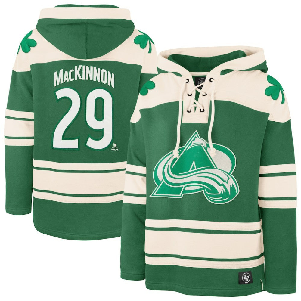 Nathan MacKinnon Colorado Avalanche '47 St. Patrick's Day Player Name & Number Lacer Pullover Hoodie - Kelly Green | US 201837448