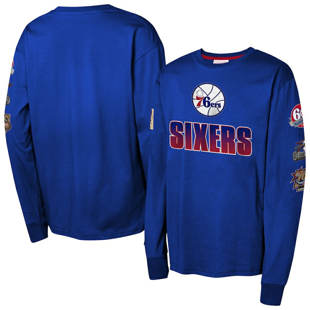 Philadelphia 76ers Youth Hardwood Classics All Over Long Sleeve T-Shirt Royal - Mitchell & Ness