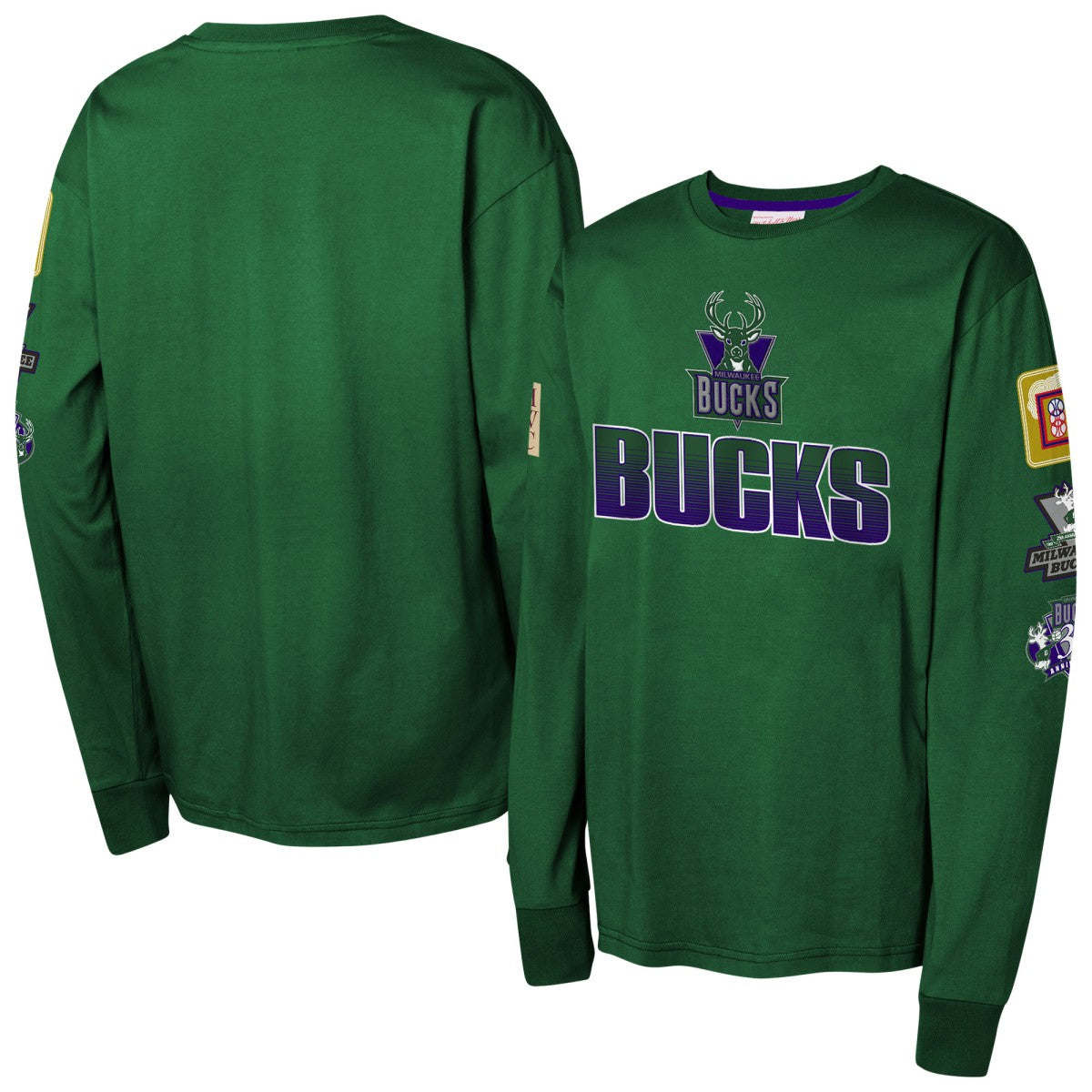 Milwaukee Bucks Youth Hardwood Classics All Over Long Sleeve T-Shirt Hunter Green - Mitchell & Ness