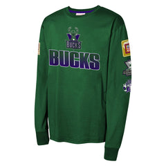 Milwaukee Bucks Youth Hardwood Classics All Over Long Sleeve T-Shirt Hunter Green - Mitchell & Ness