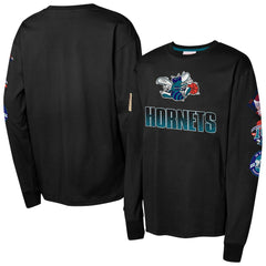 Charlotte Hornets Youth Hardwood Classic All Over Long Sleeve T-Shirt Black - Mitchell & Ness