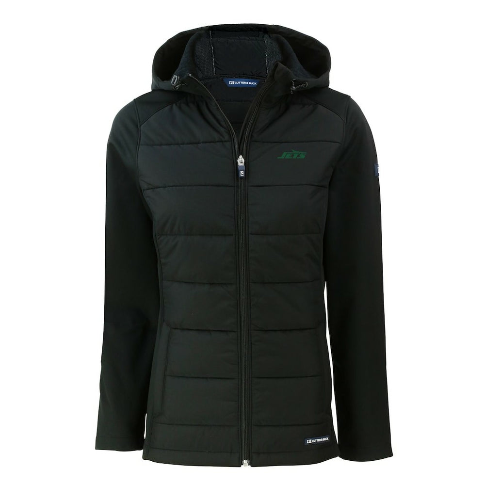 New York Jets Cutter & Buck Women's Primary Logo Evoke Hybrid Eco Softshell Recycled Full-Zip Hoodie Jacket - Black Hoodies