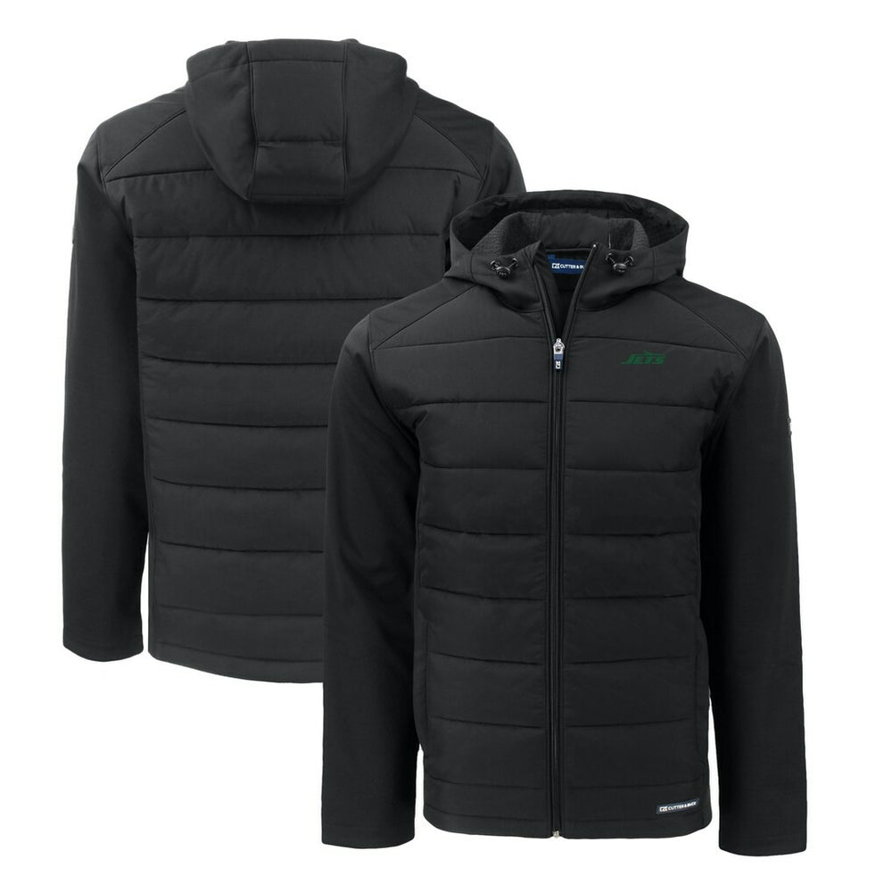 New York Jets Cutter & Buck Primary Logo Evoke Hybrid Eco Softshell Recycled Full-Zip Hooded Jacket - Black Jackets
