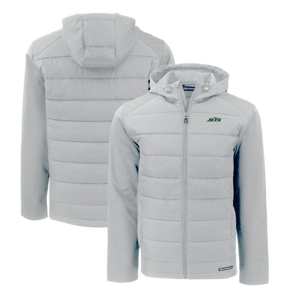 New York Jets Cutter & Buck Primary Logo Evoke Hybrid Eco Softshell Recycled Full-Zip Hooded Jacket - Gray Jackets