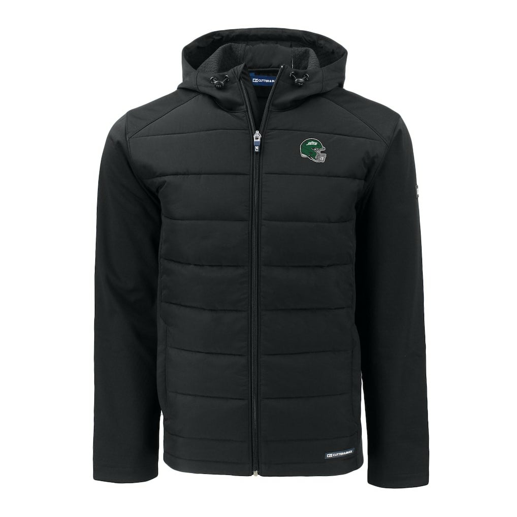 New York Jets Cutter & Buck Big & Tall Helmet Evoke Hybrid Eco Softshell Recycled Full-Zip Hoodie Jacket - Black Hoodies