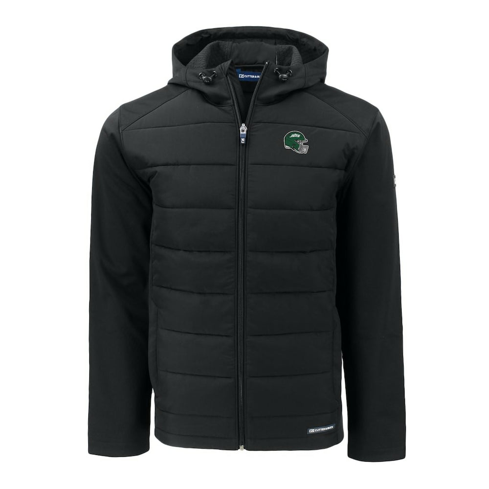 New York Jets Cutter & Buck Big & Tall Helmet Evoke Hybrid Eco Softshell Recycled Full-Zip Hoodie Jacket - Black Hoodies