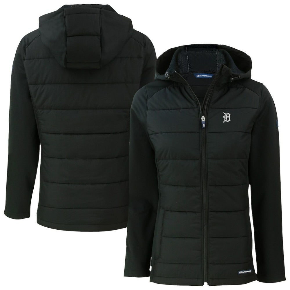 Detroit Tigers Cutter & Buck Women's Evoke Hybrid Eco Softshell Recycled Full-Zip Hooded Jacket - Black Jackets