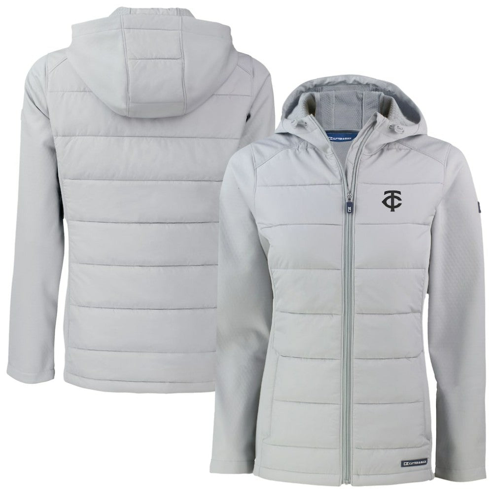 Minnesota Twins Cutter & Buck Women's Evoke Hybrid Eco Softshell Recycled Full-Zip Hooded Jacket - Gray Jackets