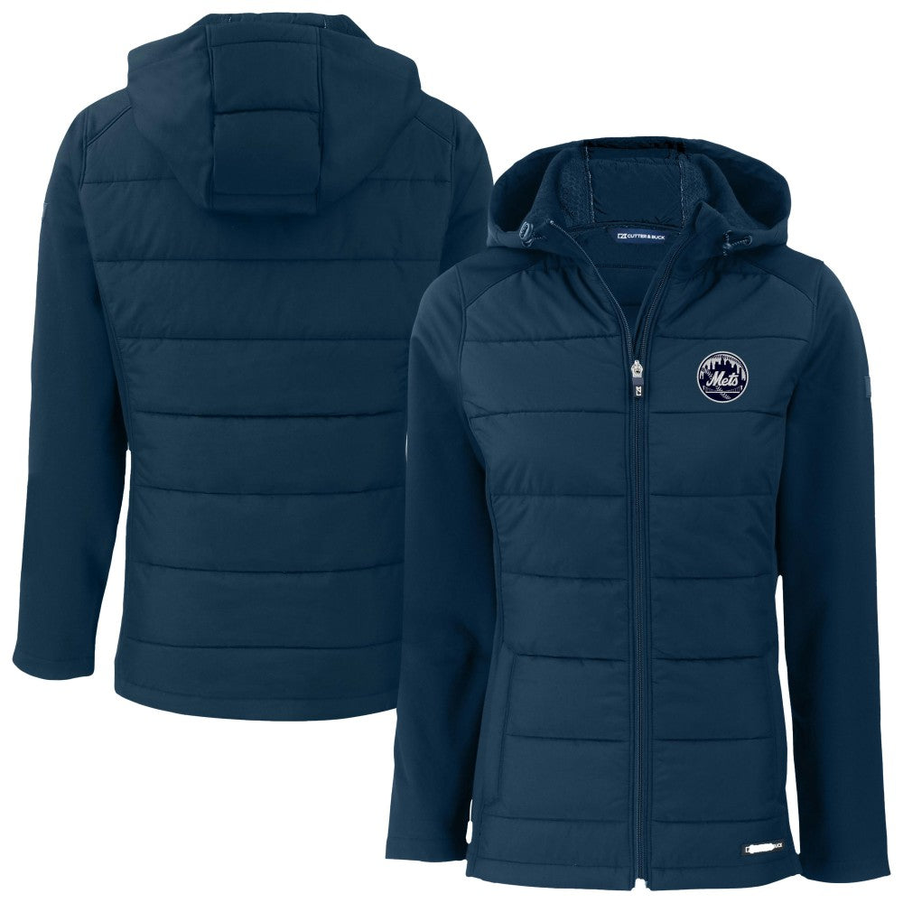 New York Mets Cutter & Buck Women's Evoke Hybrid Eco Softshell Recycled Full-Zip Hooded Jacket - Navy Jackets