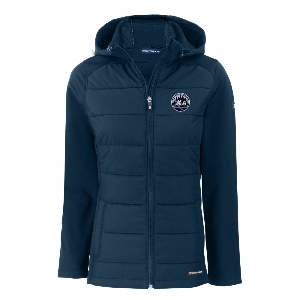New York Mets Cutter & Buck Women's Evoke Hybrid Eco Softshell Recycled Full-Zip Hooded Jacket - Navy Jackets