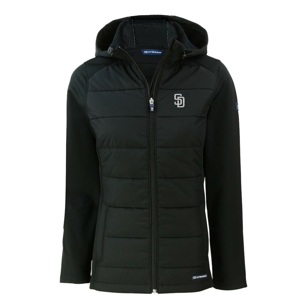 San Diego Padres Cutter & Buck Women's Evoke Hybrid Eco Softshell Recycled Full-Zip Hooded Jacket - Black Jackets