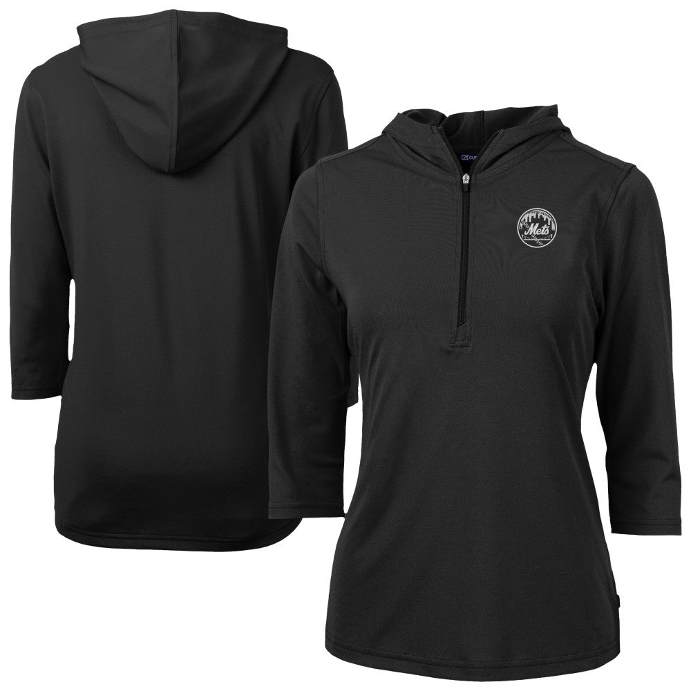 New York Mets Cutter & Buck Women's Virtue Eco Pique Half-Zip 3/4 Sleeve Pullover Hoodie - Black Hoodies