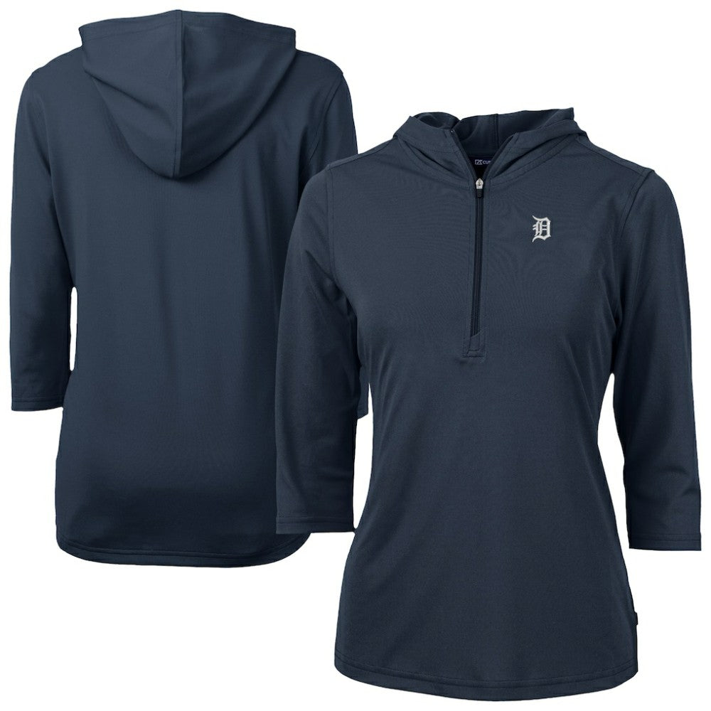 Detroit Tigers Cutter & Buck Women's Virtue Eco Pique Half-Zip 3/4 Sleeve Pullover Hoodie - Navy Hoodies