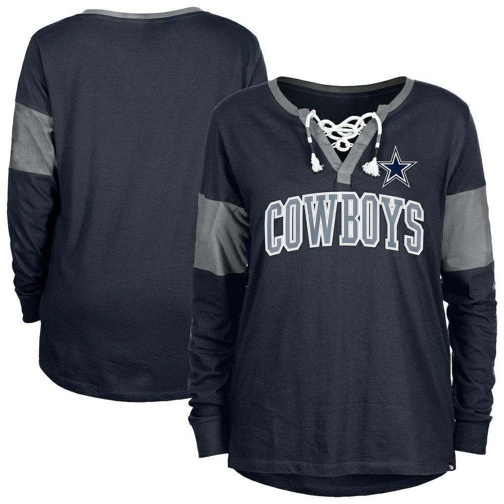 Dallas Cowboys New Era Women's Lace-Up Notch-Neck Long Sleeve T-Shirt - Navy T-shirts