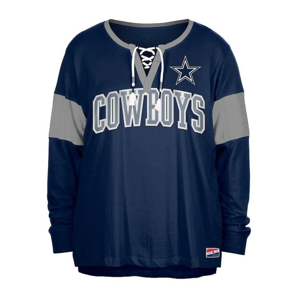 Dallas Cowboys New Era Women's Plus Size Lace-Up Notch Neck Long Sleeve T-Shirt  - Navy T-shirts