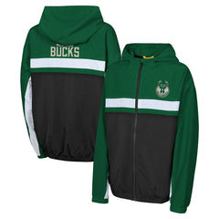 Milwaukee Bucks Youth Headliner Windbreaker Full-Zip Hoodie Jacket Hunter Green outlet