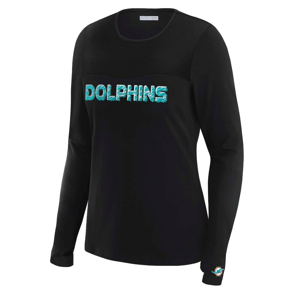 Miami Dolphins WEAR by Erin Andrews x Gracie Hunt Women's Mesh Panel Long Sleeve T-Shirt - Black T-shirts