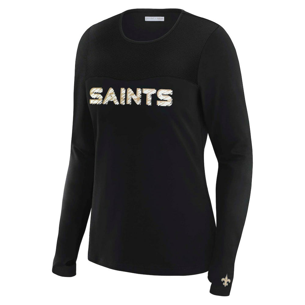 New Orleans Saints WEAR by Erin Andrews x Gracie Hunt Women's Mesh Panel Long Sleeve T-Shirt - Black T-shirts