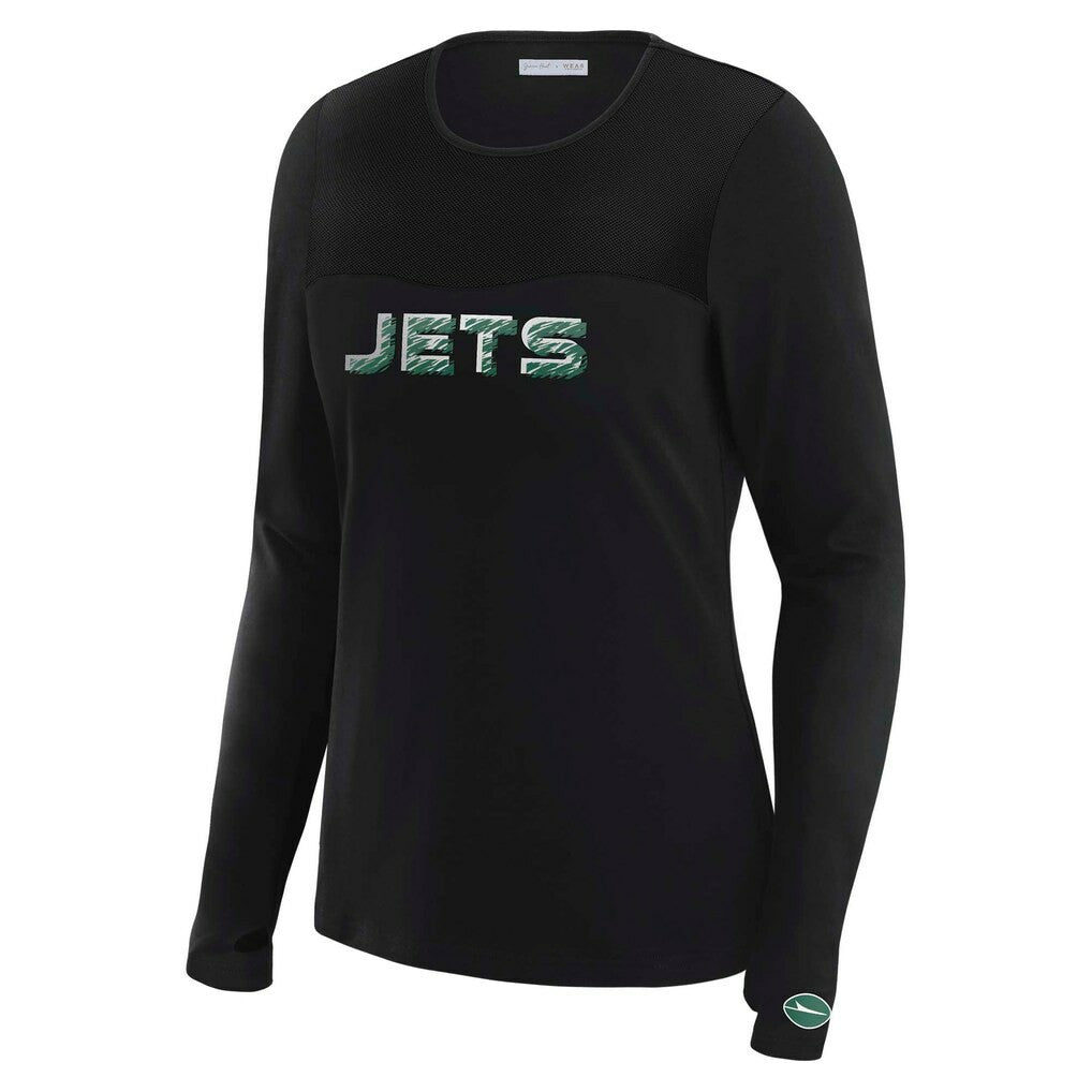 New York Jets WEAR by Erin Andrews x Gracie Hunt Women's Mesh Panel Long Sleeve T-Shirt - Black T-shirts