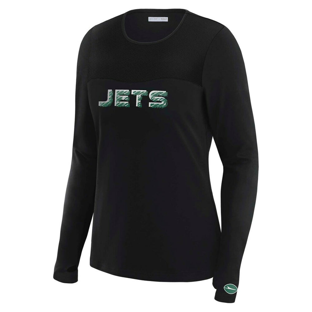 New York Jets WEAR by Erin Andrews x Gracie Hunt Women's Mesh Panel Long Sleeve T-Shirt - Black T-shirts