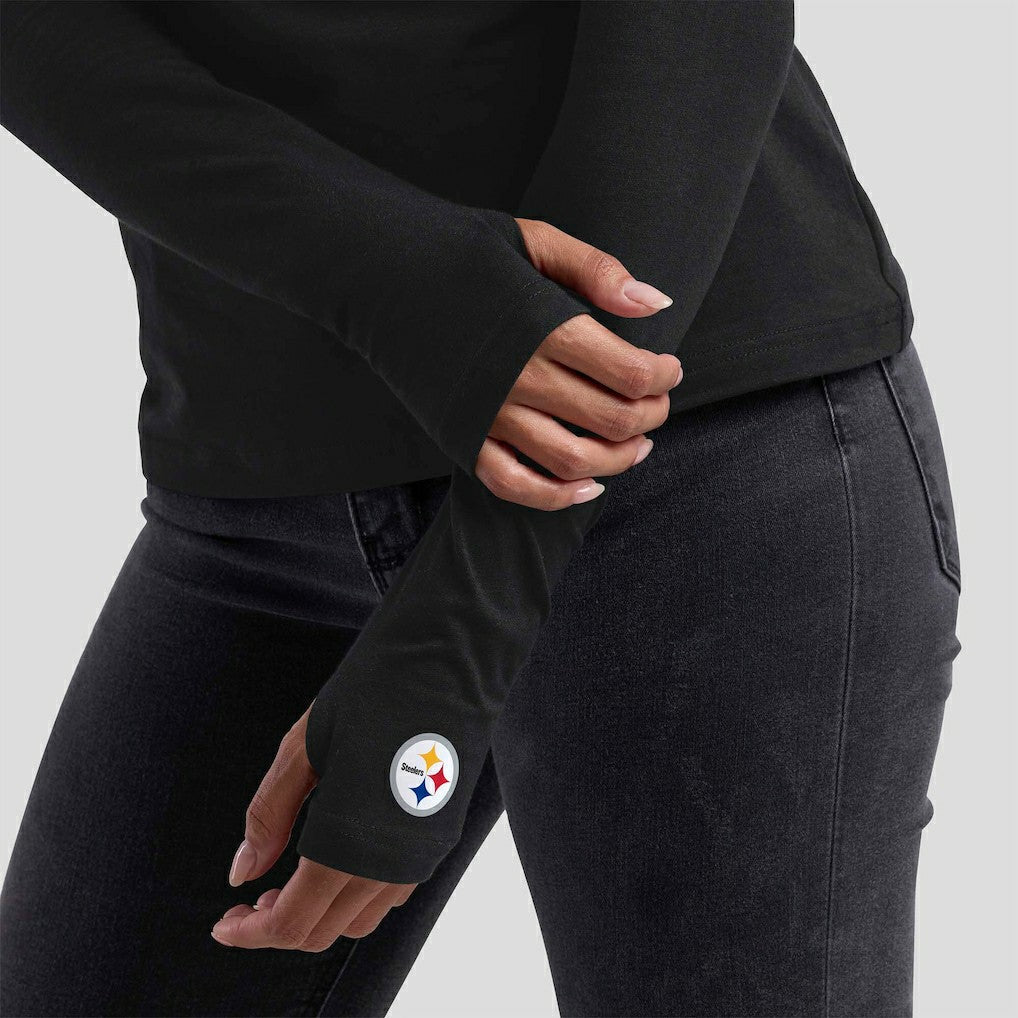 Pittsburgh Steelers WEAR by Erin Andrews x Gracie Hunt Women's Mesh Panel Long Sleeve T-Shirt - Black T-shirts