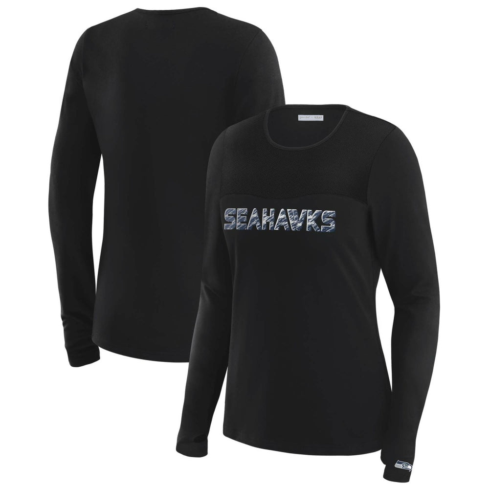 Seattle Seahawks WEAR by Erin Andrews x Gracie Hunt Women's Mesh Panel Long Sleeve T-Shirt - Black T-shirts