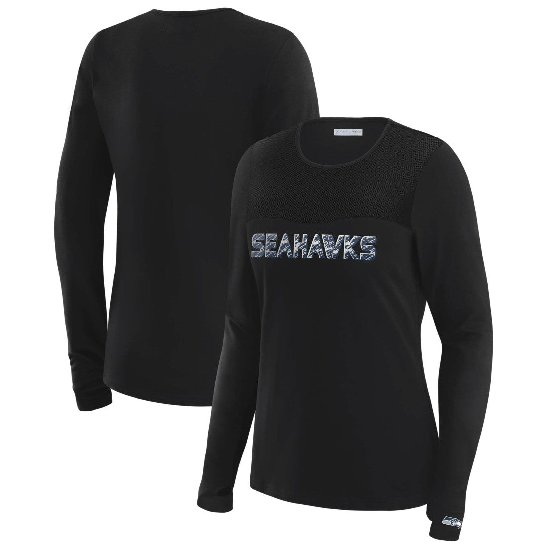 Seattle Seahawks WEAR by Erin Andrews x Gracie Hunt Women's Mesh Panel Long Sleeve T-Shirt - Black T-shirts
