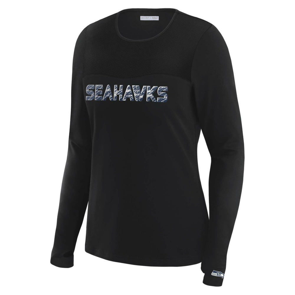 Seattle Seahawks WEAR by Erin Andrews x Gracie Hunt Women's Mesh Panel Long Sleeve T-Shirt - Black T-shirts