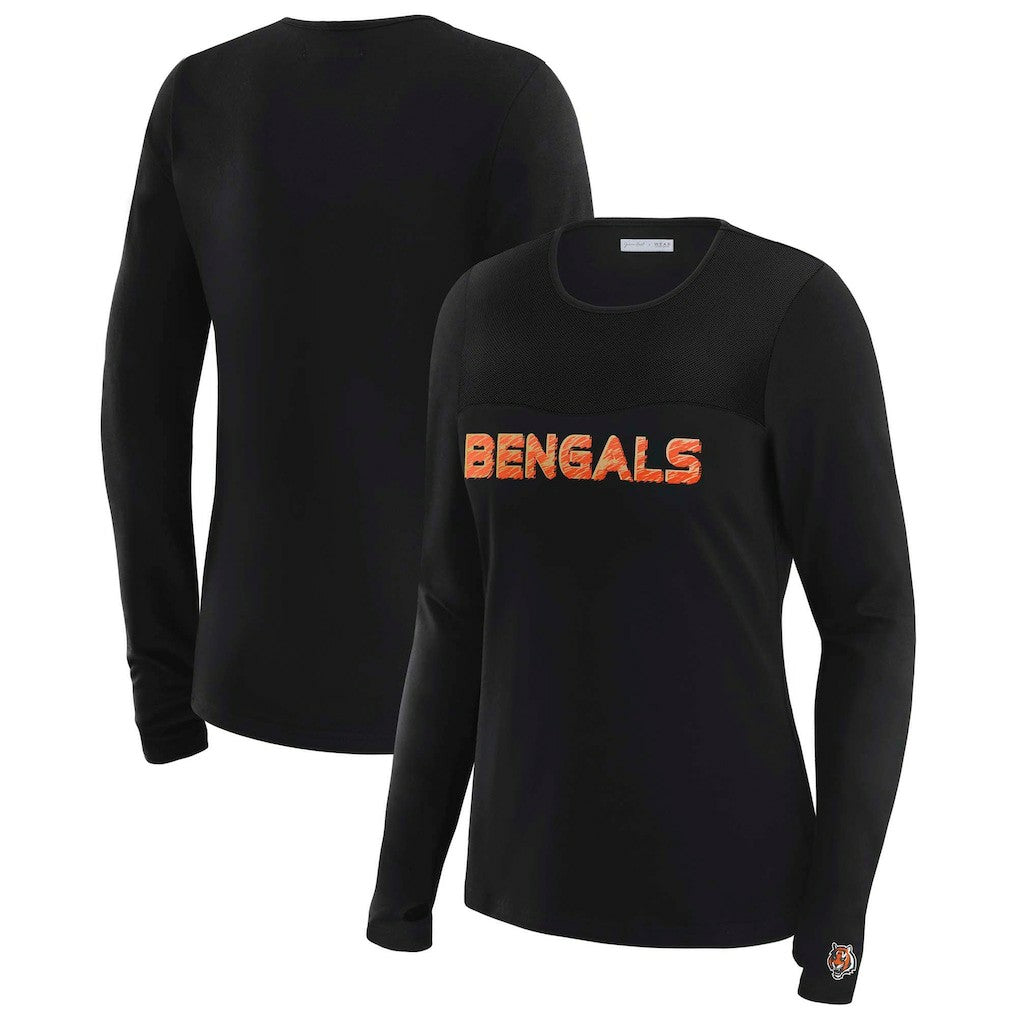 Cincinnati Bengals WEAR by Erin Andrews x Gracie Hunt Women's Mesh Panel Long Sleeve T-Shirt - Black T-shirts