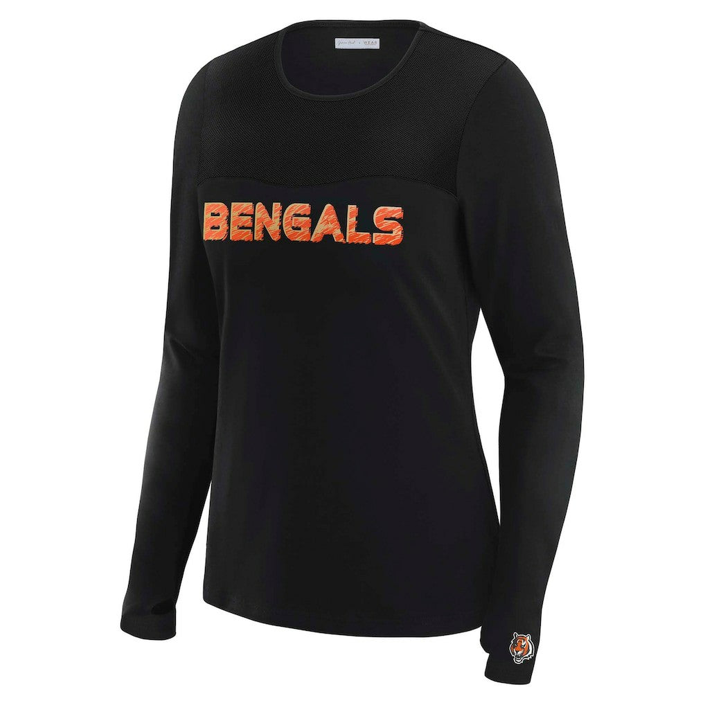 Cincinnati Bengals WEAR by Erin Andrews x Gracie Hunt Women's Mesh Panel Long Sleeve T-Shirt - Black T-shirts