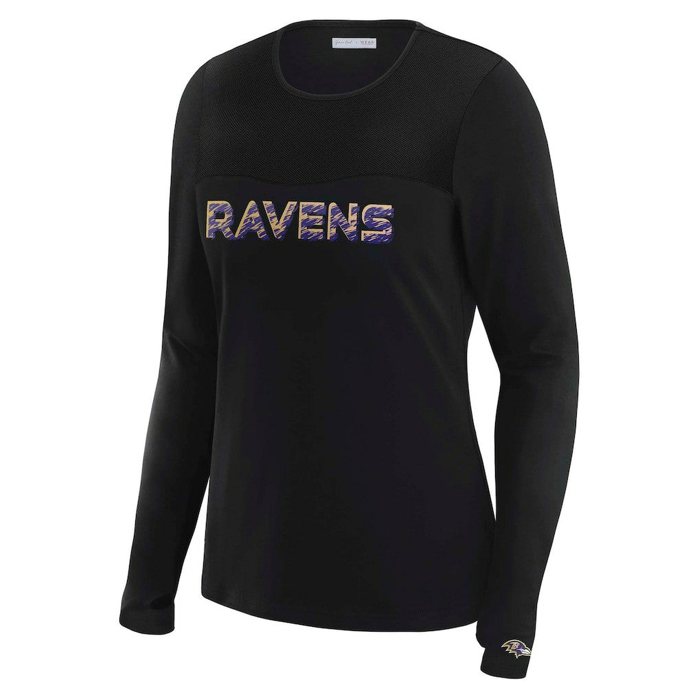 Baltimore Ravens WEAR by Erin Andrews x Gracie Hunt Women's Mesh Panel Long Sleeve T-Shirt - Black T-shirts