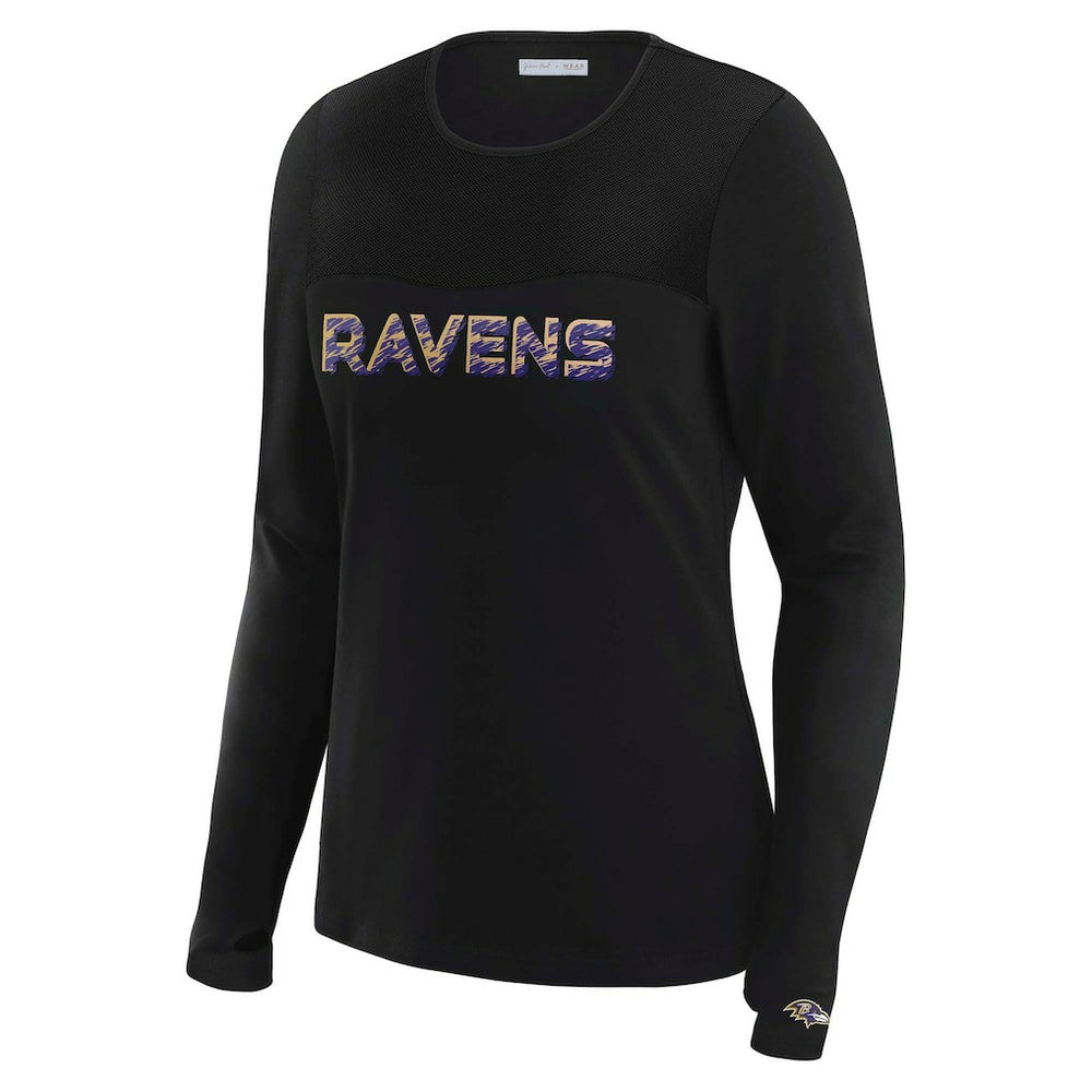 Baltimore Ravens WEAR by Erin Andrews x Gracie Hunt Women's Mesh Panel Long Sleeve T-Shirt - Black T-shirts