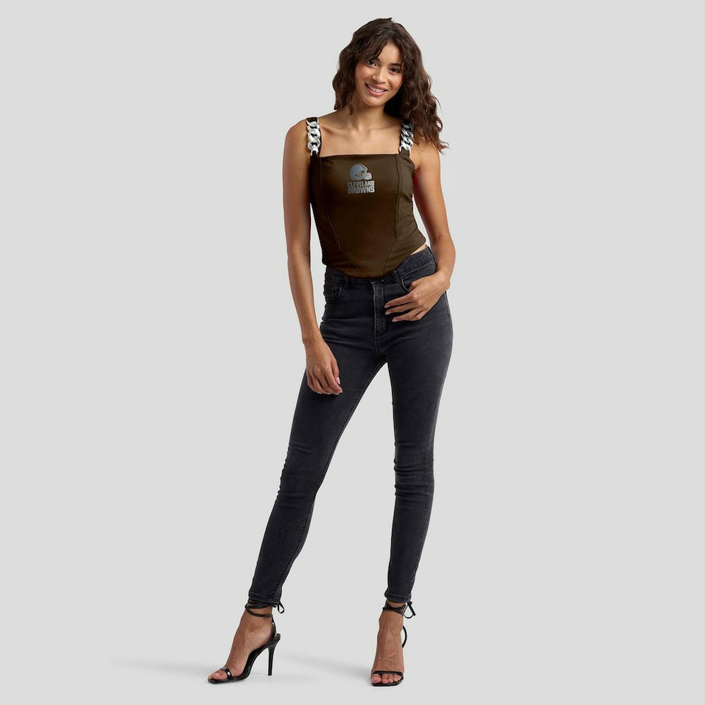 Cleveland Browns WEAR by Erin Andrews x Gracie Hunt Women's Chain Link Corset Top - Brown Tops