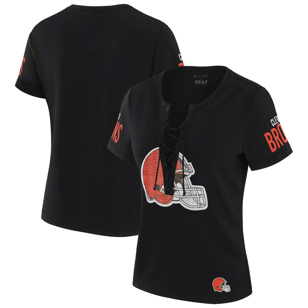Cleveland Browns WEAR by Erin Andrews x Gracie Hunt Women's Draft Me Lace-Up T-Shirt - Black T-shirts