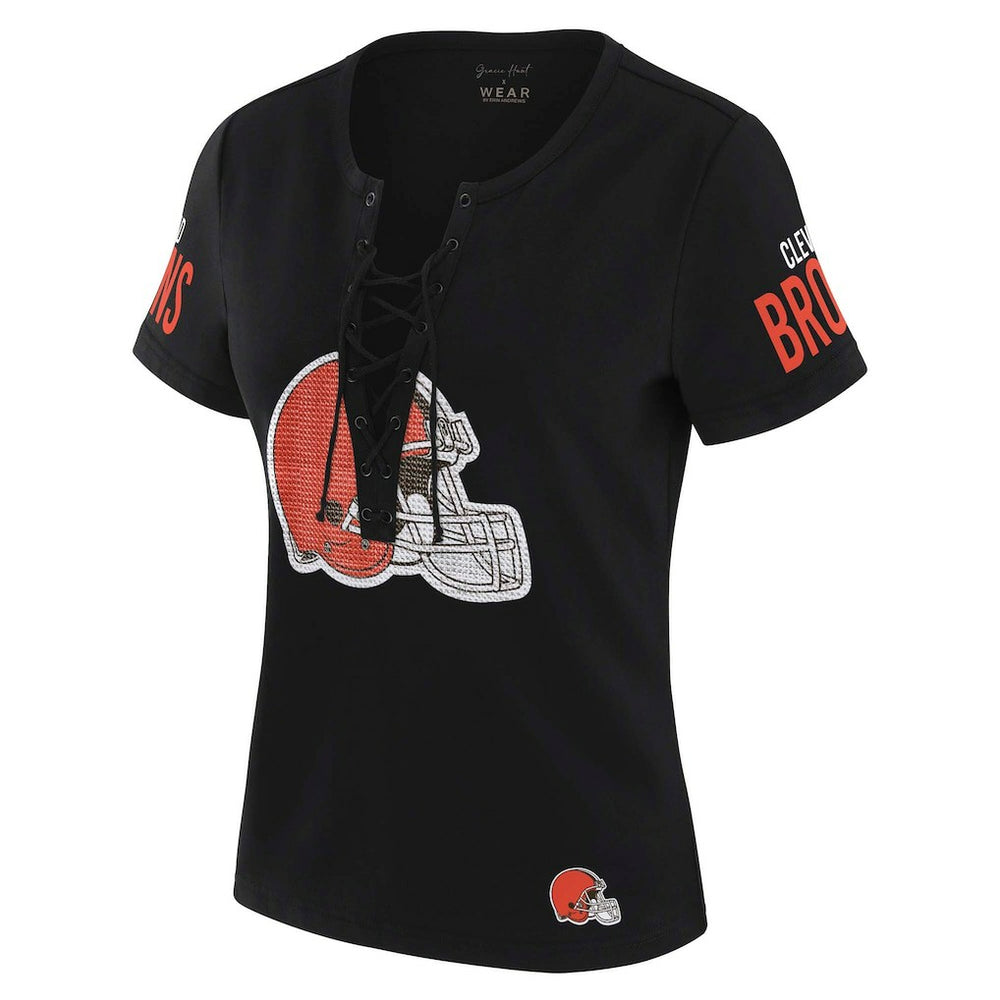 Cleveland Browns WEAR by Erin Andrews x Gracie Hunt Women's Draft Me Lace-Up T-Shirt - Black T-shirts