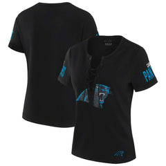 Carolina Panthers WEAR by Erin Andrews x Gracie Hunt Women's Draft Me Lace-Up T-Shirt - Black T-shirts
