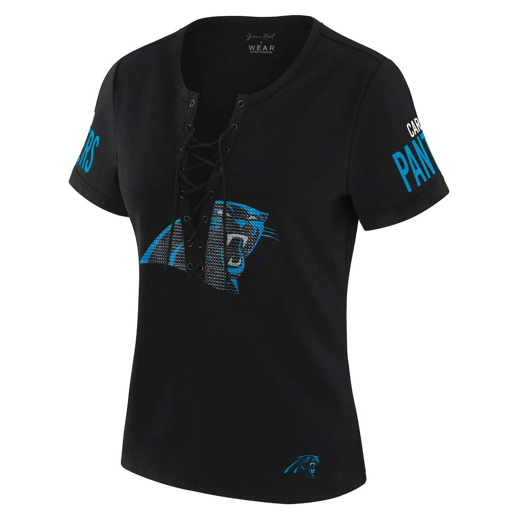 Carolina Panthers WEAR by Erin Andrews x Gracie Hunt Women's Draft Me Lace-Up T-Shirt - Black T-shirts