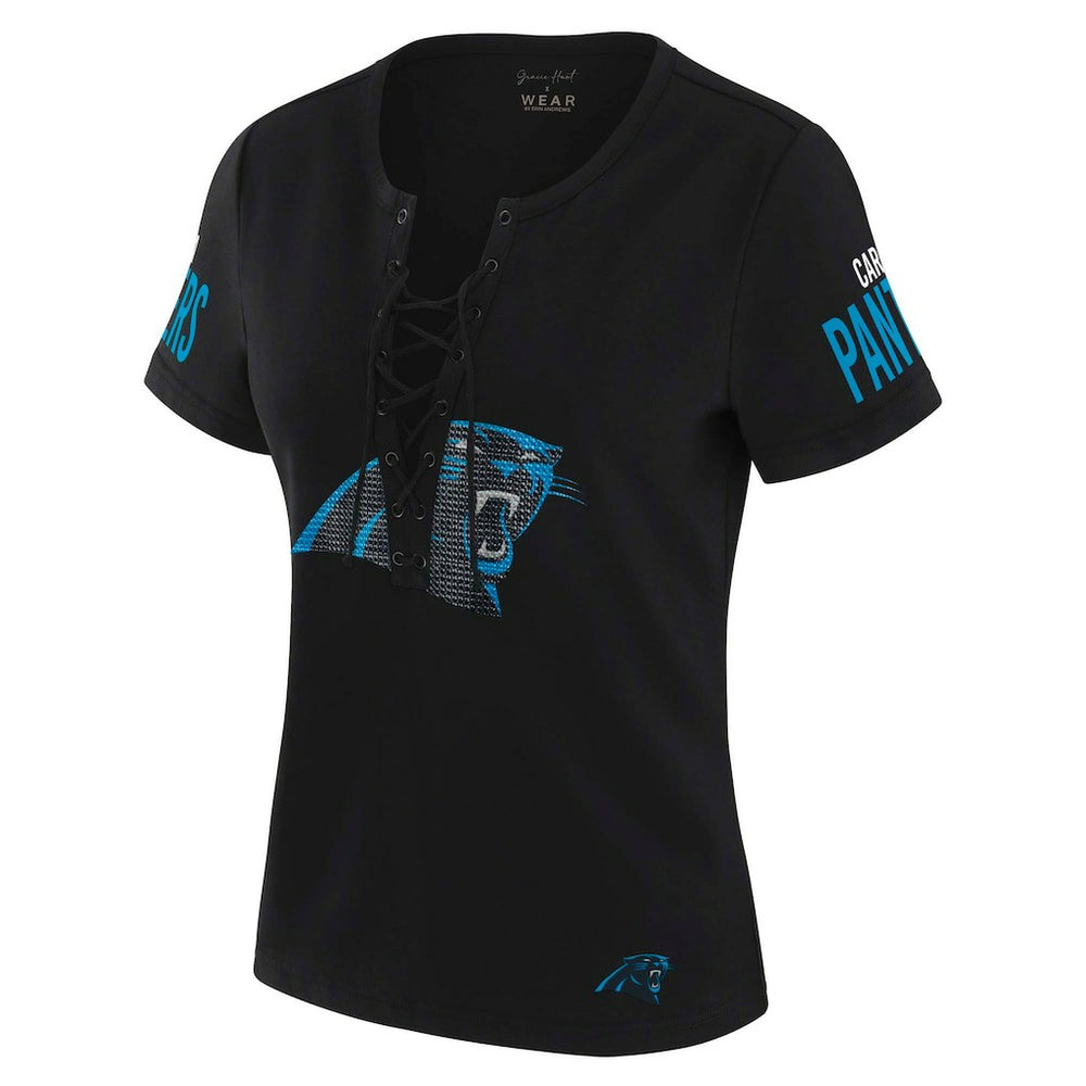 Carolina Panthers WEAR by Erin Andrews x Gracie Hunt Women's Draft Me Lace-Up T-Shirt - Black T-shirts