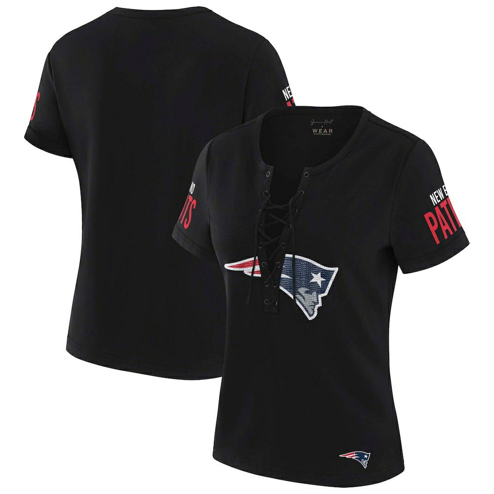 New England Patriots WEAR by Erin Andrews x Gracie Hunt Women's Draft Me Lace-Up T-Shirt - Black T-shirts