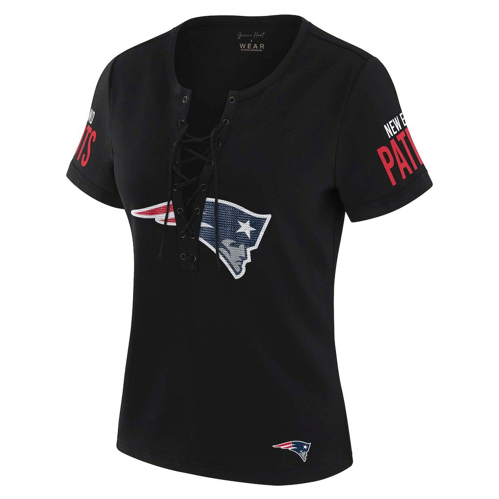 New England Patriots WEAR by Erin Andrews x Gracie Hunt Women's Draft Me Lace-Up T-Shirt - Black T-shirts