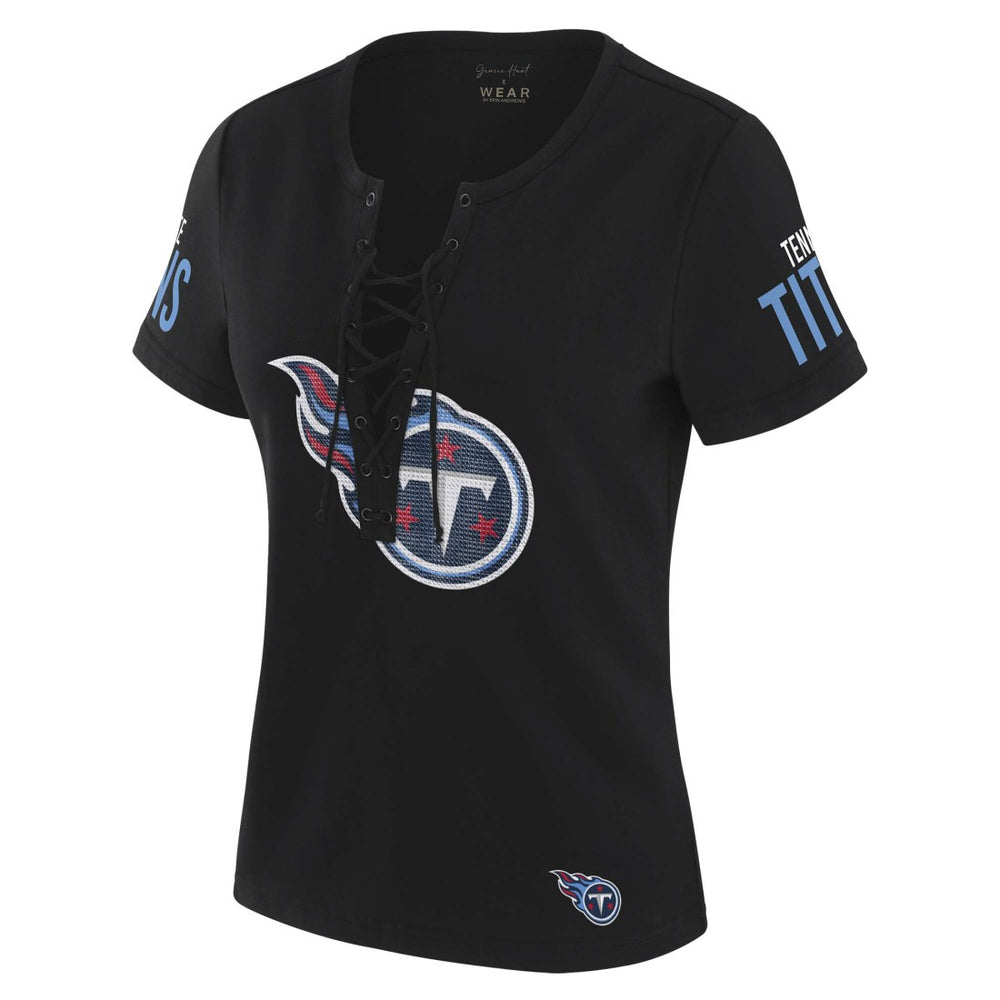 Tennessee Titans WEAR by Erin Andrews x Gracie Hunt Women's Draft Me Lace-Up T-Shirt - Black T-shirts