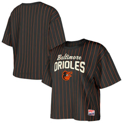 Baltimore Orioles New Era Women's Cooperstown Collection Multiplier Pinstripe Cropped T-Shirt - Black T-shirts