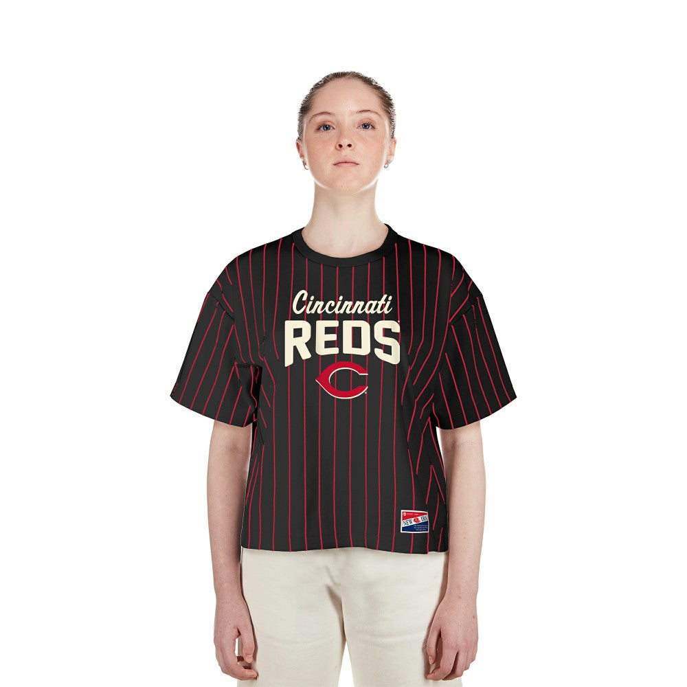 Cincinnati Reds New Era Women's Cooperstown Collection Multiplier Pinstripe Cropped T-Shirt - Black T-shirts