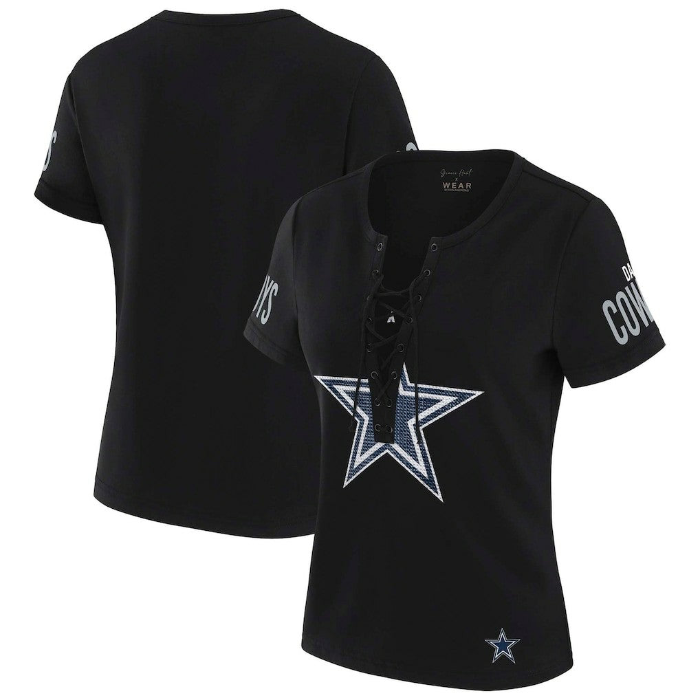 Dallas Cowboys WEAR by Erin Andrews x Gracie Hunt Women's Draft Me Lace-Up T-Shirt - Black T-shirts