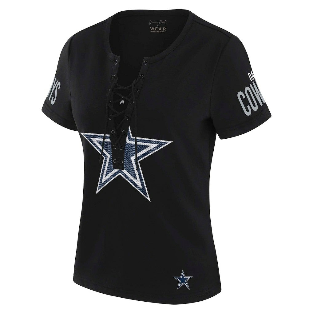 Dallas Cowboys WEAR by Erin Andrews x Gracie Hunt Women's Draft Me Lace-Up T-Shirt - Black T-shirts
