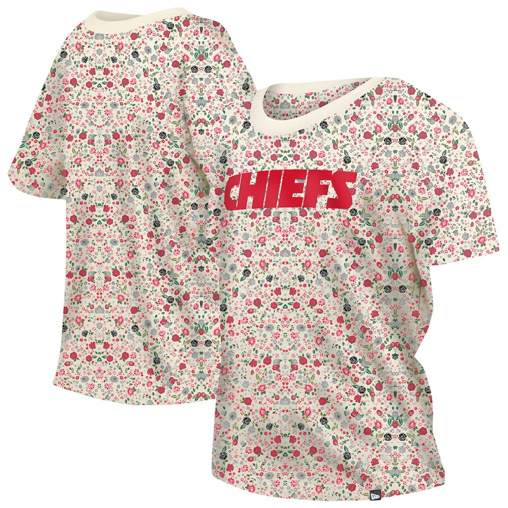 Kansas City Chiefs New Era Women's Glam Game Floral Scoop Neck T-Shirt - Cream T-shirts