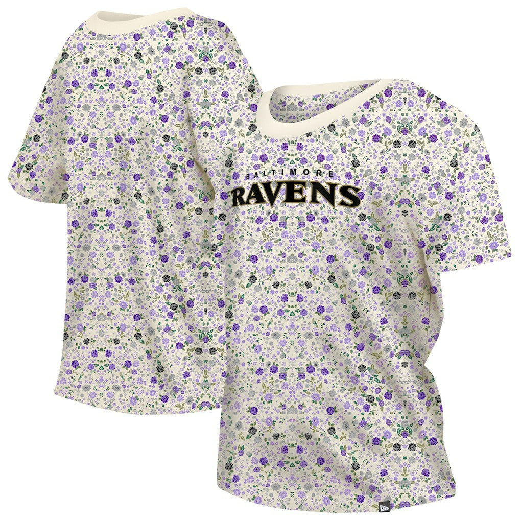 Baltimore Ravens New Era Women's Glam Game Floral Scoop Neck T-Shirt - Cream T-shirts